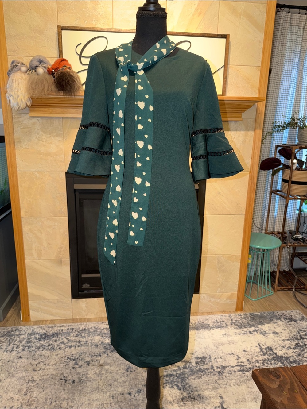 Ted Baker London Filnio Bell Sleeve Forest Green Midi Dress with Heart-Print Tie